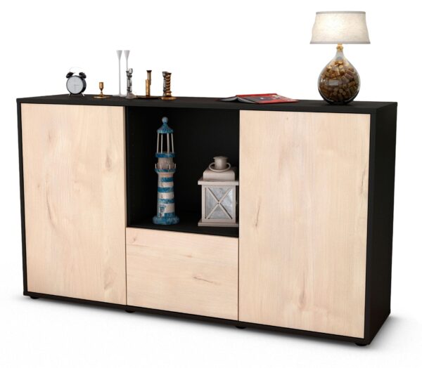Sideboard Dhonna | Korpus Anthrazit | Front in Zeder Holz Optik | 136x79x35cm (BxHxT)