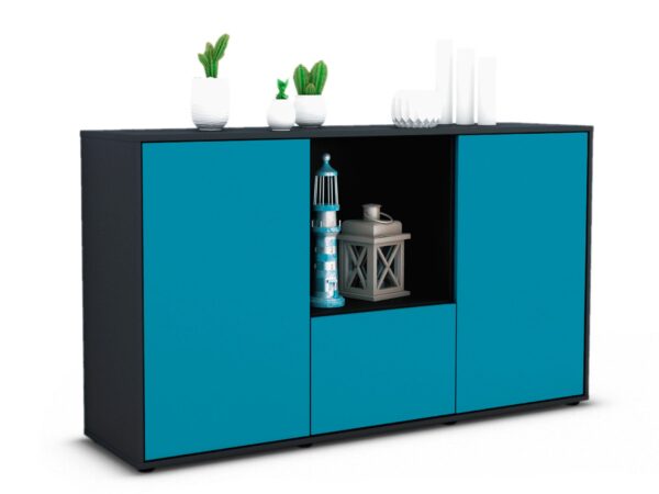 Sideboard Dhonna | Korpus Anthrazit | Front in Türkis | 136x79x35cm (BxHxT)