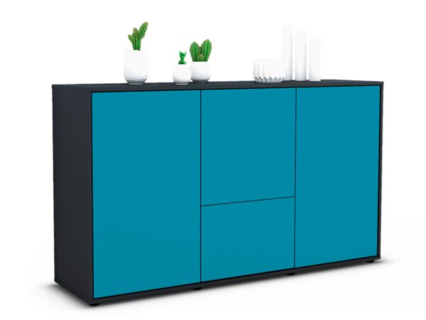 Sideboard Diana | Korpus Anthrazit | Front in Türkis | 136x79x35cm (BxHxT)