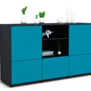 Sideboard Diellza | Korpus Anthrazit | Front in Türkis | 136x79x35cm (BxHxT)