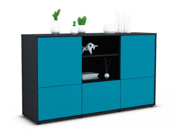 Sideboard Diellza | Korpus Anthrazit | Front in Türkis | 136x79x35cm (BxHxT)