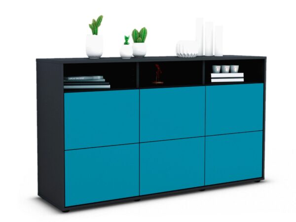 Sideboard Dilara | Korpus Anthrazit | Front in Türkis | 136x79x35cm (BxHxT)