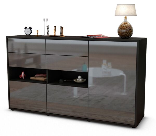 Sideboard Domi | Korpus Anthrazit | Front in Hochglanz Grau | 136x79x35cm (BxHxT)