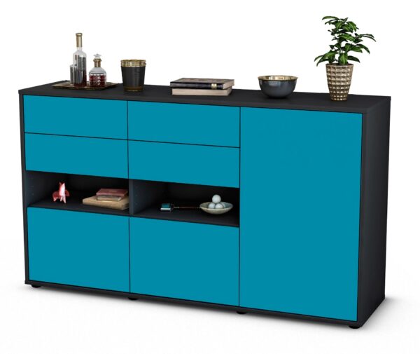 Sideboard Domi | Korpus Anthrazit | Front in Türkis | 136x79x35cm (BxHxT)