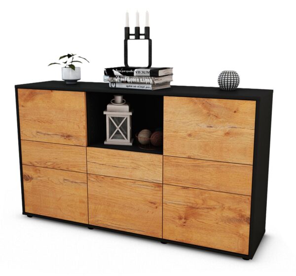 Sideboard Dominika | Korpus Anthrazit | Front in Eiche Holz Optik | 136x79x35cm (BxHxT)