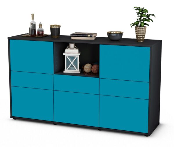 Sideboard Dominika | Korpus Anthrazit | Front in Türkis | 136x79x35cm (BxHxT)