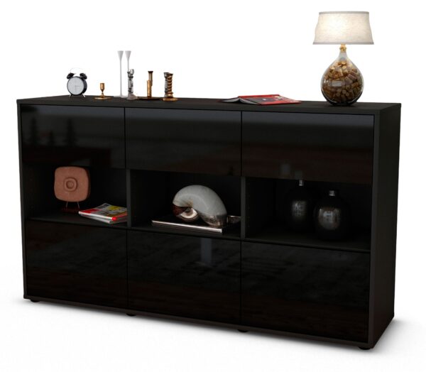 Sideboard Dorett | Korpus Anthrazit | Front in Hochglanz Schwarz | 136x79x35cm (BxHxT)