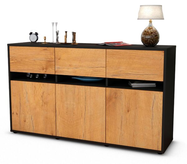 Sideboard Dorinde | Korpus Anthrazit | Front in Eiche Holz Optik | 136x79x35cm (BxHxT)