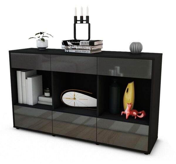 Sideboard Efisia | Korpus Anthrazit | Front in Hochglanz Grau | 136x79x35cm (BxHxT)