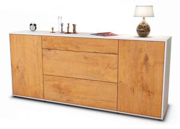 Sideboard Eleonora | Korpus Weiß | Front in Eiche Holz Optik | 180x79x35cm (BxHxT)