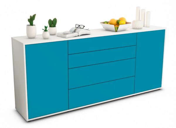 Sideboard Elettra | Korpus Weiß | Front in Türkis | 180x79x35cm (BxHxT)