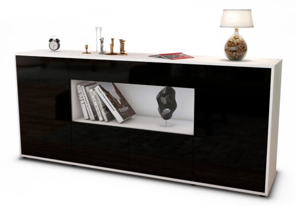 Sideboard Elsa | Korpus Weiß | Front in Hochglanz Schwarz | 180x79x35cm (BxHxT)