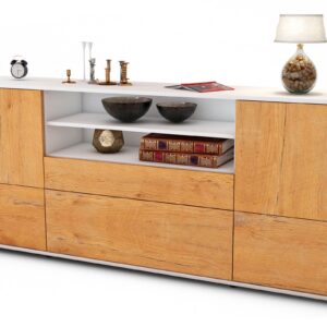 Sideboard Eluana | Korpus Weiß | Front in Eiche Holz Optik | 180x79x35cm (BxHxT)