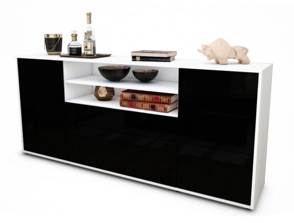 Sideboard Eluana | Korpus Weiß | Front in Hochglanz Schwarz | 180x79x35cm (BxHxT)