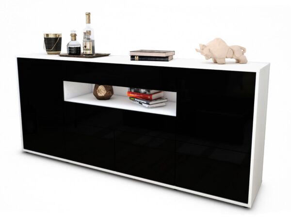 Sideboard Emely | Korpus Weiß | Front in Hochglanz Schwarz | 180x79x35cm (BxHxT)