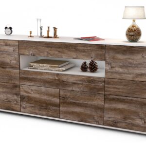 Sideboard Emerelda | Korpus Weiß | Front in Treibholz Holz Optik | 180x79x35cm (BxHxT)