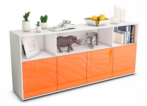 Sideboard Enrica | Korpus Weiß | Front in Hochglanz Orange | 180x79x35cm (BxHxT)