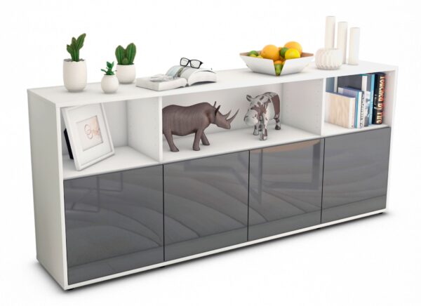 Sideboard Enrica | Korpus Weiß | Front in Hochglanz Grau | 180x79x35cm (BxHxT)