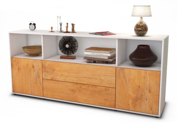 Sideboard Enza | Korpus Weiß | Front in Eiche Holz Optik | 180x79x35cm (BxHxT)