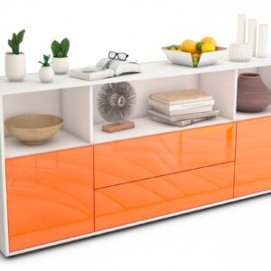 Sideboard Enza | Korpus Weiß | Front in Hochglanz Orange | 180x79x35cm (BxHxT)