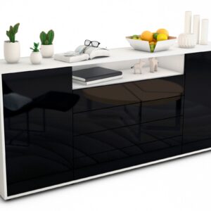 Sideboard Enzo | Korpus Weiß | Front in Hochglanz Schwarz | 180x79x35cm (BxHxT)
