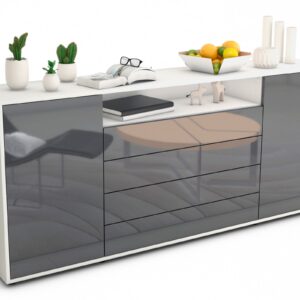 Sideboard Enzo | Korpus Weiß | Front in Hochglanz Grau | 180x79x35cm (BxHxT)
