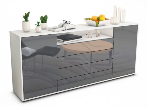 Sideboard Enzo | Korpus Weiß | Front in Hochglanz Grau | 180x79x35cm (BxHxT)