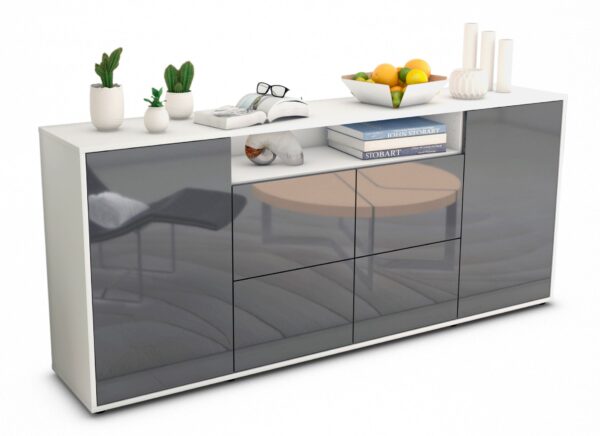 Sideboard Ephenia | Korpus Weiß | Front in Hochglanz Grau | 180x79x35cm (BxHxT)
