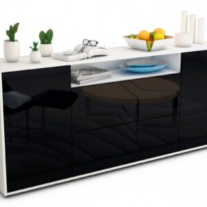 Sideboard Erina | Korpus Weiß | Front in Hochglanz Schwarz | 180x79x35cm (BxHxT)