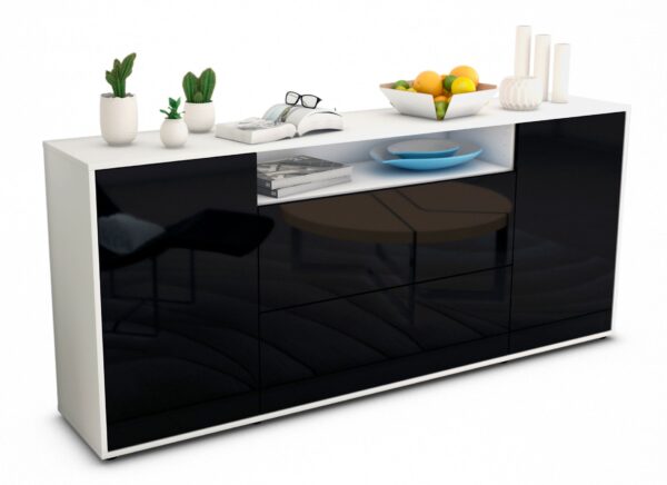 Sideboard Erina | Korpus Weiß | Front in Hochglanz Schwarz | 180x79x35cm (BxHxT)
