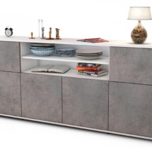 Sideboard Ermelina | Korpus Weiß | Front in Beton Optik | 180x79x35cm (BxHxT)