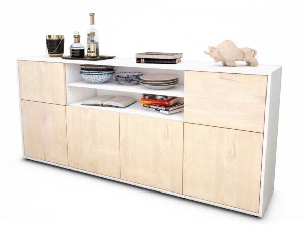 Sideboard Ermelina | Korpus Weiß | Front in Zeder Holz Optik | 180x79x35cm (BxHxT)
