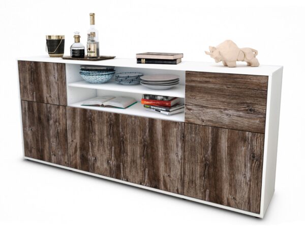 Sideboard Ermelina | Korpus Weiß | Front in Treibholz Holz Optik | 180x79x35cm (BxHxT)