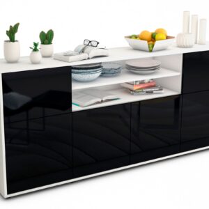 Sideboard Ermelina | Korpus Weiß | Front in Hochglanz Schwarz | 180x79x35cm (BxHxT)