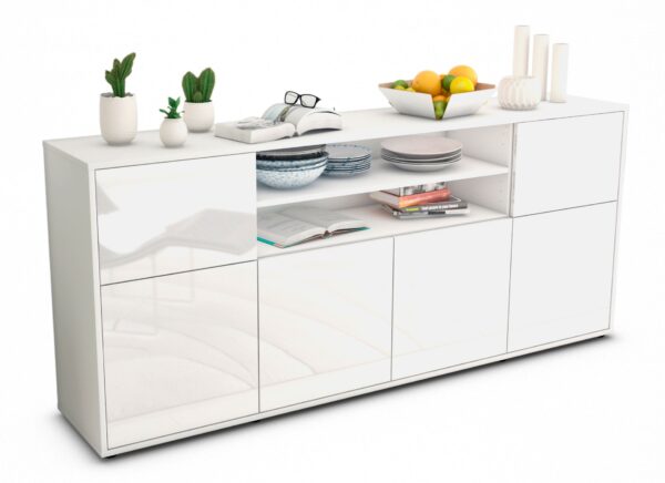 Sideboard Ermelina | Korpus Weiß | Front in Hochglanz Weiß | 180x79x35cm (BxHxT)