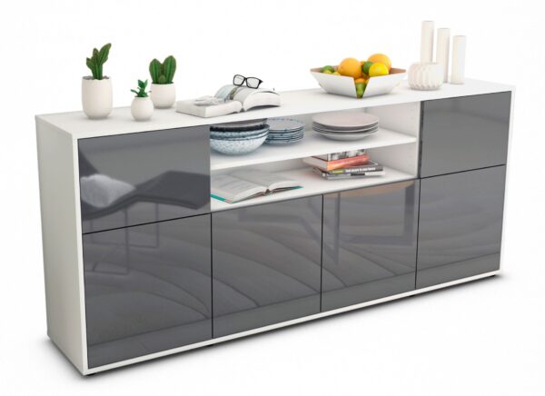 Sideboard Ermelina | Korpus Weiß | Front in Hochglanz Grau | 180x79x35cm (BxHxT)