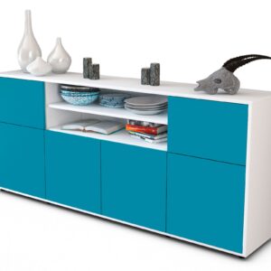 Sideboard Ermelina | Korpus Weiß | Front in Türkis | 180x79x35cm (BxHxT)