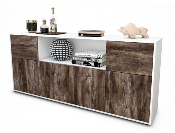 Sideboard Ermentrude | Korpus Weiß | Front in Treibholz Holz Optik | 180x79x35cm (BxHxT)