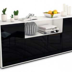 Sideboard Ermentrude | Korpus Weiß | Front in Hochglanz Schwarz | 180x79x35cm (BxHxT)
