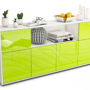 Sideboard Ermentrude | Korpus Weiß | Front in Hochglanz Grün | 180x79x35cm (BxHxT)