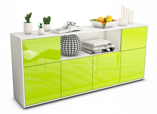 Sideboard Ermentrude | Korpus Weiß | Front in Hochglanz Grün | 180x79x35cm (BxHxT)
