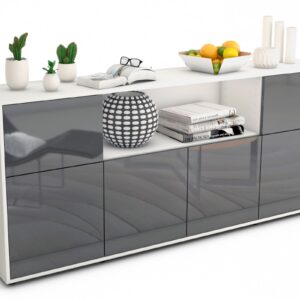 Sideboard Ermentrude | Korpus Weiß | Front in Hochglanz Grau | 180x79x35cm (BxHxT)