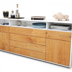 Sideboard Evelina | Korpus Weiß | Front in Eiche Holz Optik | 180x79x35cm (BxHxT)