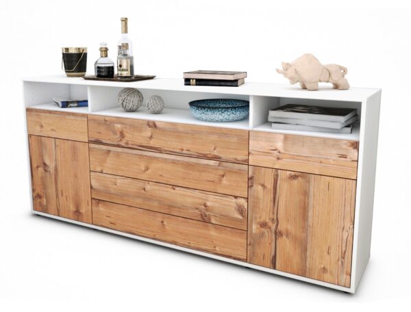 Sideboard Evelina | Korpus Weiß | Front in Pinie Holz Optik | 180x79x35cm (BxHxT)