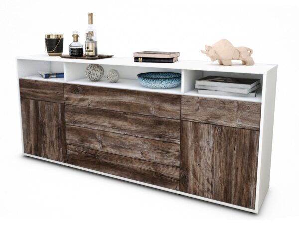 Sideboard Evelina | Korpus Weiß | Front in Treibholz Holz Optik | 180x79x35cm (BxHxT)