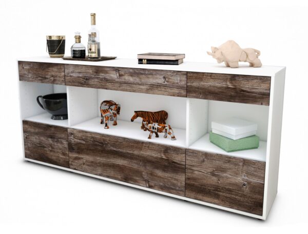 Sideboard Fabiana | Korpus Weiß | Front in Treibholz Holz Optik | 180x79x35cm (BxHxT)