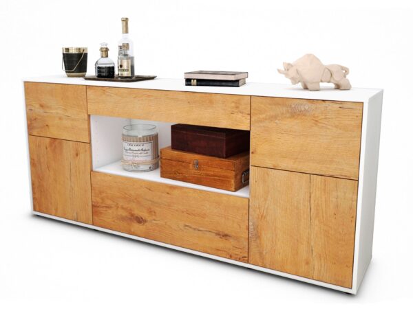 Sideboard Fabiola | Korpus Weiß | Front in Eiche Holz Optik | 180x79x35cm (BxHxT)