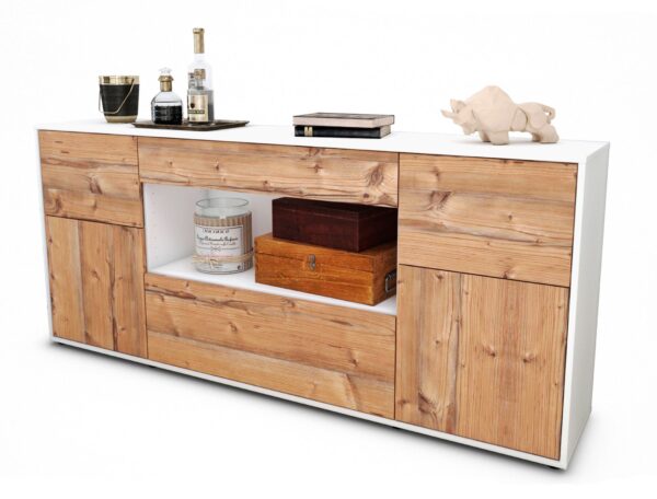 Sideboard Fabiola | Korpus Weiß | Front in Pinie Holz Optik | 180x79x35cm (BxHxT)