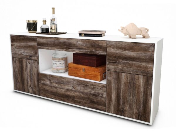 Sideboard Fabiola | Korpus Weiß | Front in Treibholz Holz Optik | 180x79x35cm (BxHxT)