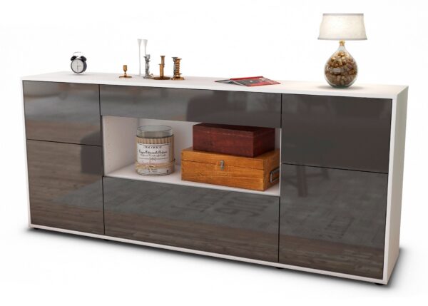 Sideboard Fabiola | Korpus Weiß | Front in Hochglanz Grau | 180x79x35cm (BxHxT)